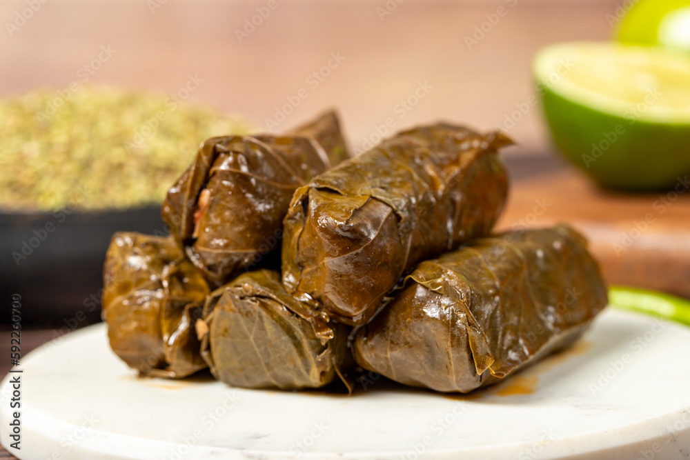 Olive oil leaf wrap. Aegean cuisine delicacies. Grape leaf wrap with rice stuffing. local name zeytinyagli yaprak sarma. Close up Olive oil leaf wrap. Aegean cuisine delicacies. Grape leaf wrap with rice stuffing. local name zeytinyagli yaprak sarma. Close up