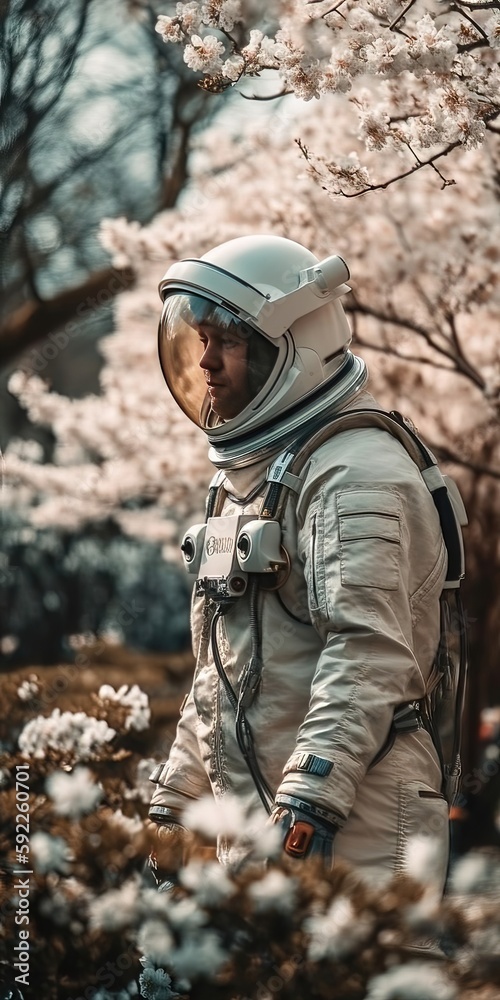 Un astronaute dans un jardin un jour de printemps