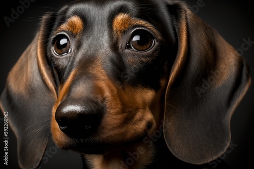 A close-up portrait of a dachshund's face. Generative AI