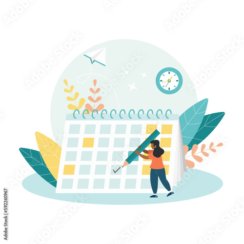 Illustration of a woman writes with a pencil on the calendar. Work project planning schedule concept, effective time management to improve productivity. Flat vector illustration. 
