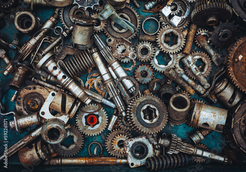 Heap of mechanical components of car and motor parts
