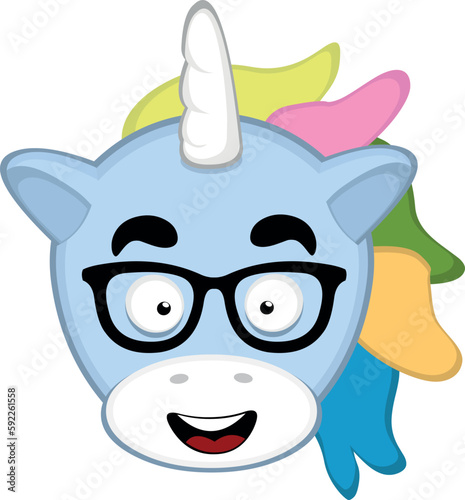 vector illustration face of a cartoon unicorn with a happy expression and nerdy glasses