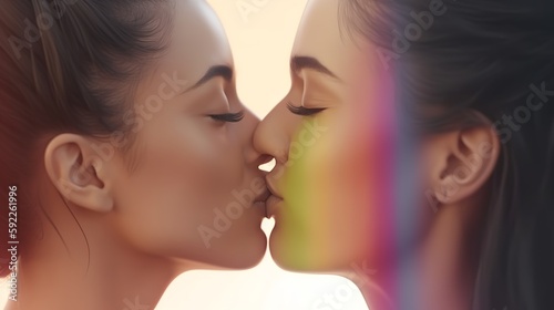 Lesbian Couple kissing, LGBT flag background, Generative Ai