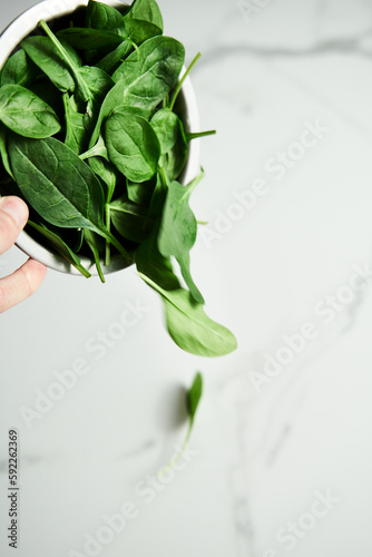 A bunch of Fresh baby spinach leaves fall out of the stainless steel bowl on white marble background.