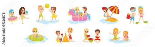 Cute Girl and Boy at Seaside Enjoying Vacation and Summer Time Vector Illustration Set