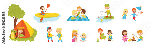 Little Girl and Boy Camping Engaged in Summer Activities Enjoying Adventure Vector Illustration Set © Happypictures