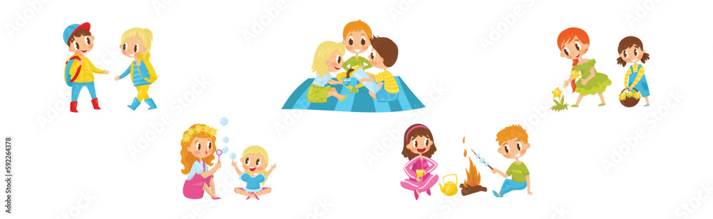 Little Girl and Boy Camping Engaged in Summer Activities Enjoying Adventure Vector Illustration Set