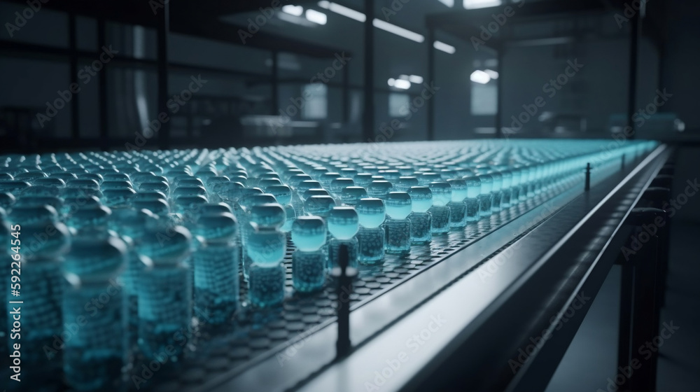 Fototapeta premium Pharmaceutical manufacture background with glass bottles with clear liquid on automatic conveyor line. COVID-19 production platform. Generative AI.
