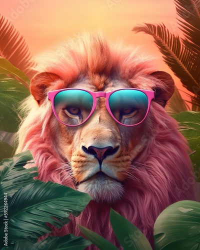 Portrait de mode d'un lion portant des lunettes de soleil, dans la jungle de la barbe à papa, couleur vive et ludique © Merilno