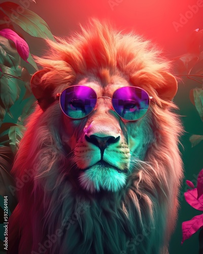 Portrait de mode d'un lion portant des lunettes de soleil, dans la jungle de la barbe à papa, couleur vive et ludique © MiniMaxi