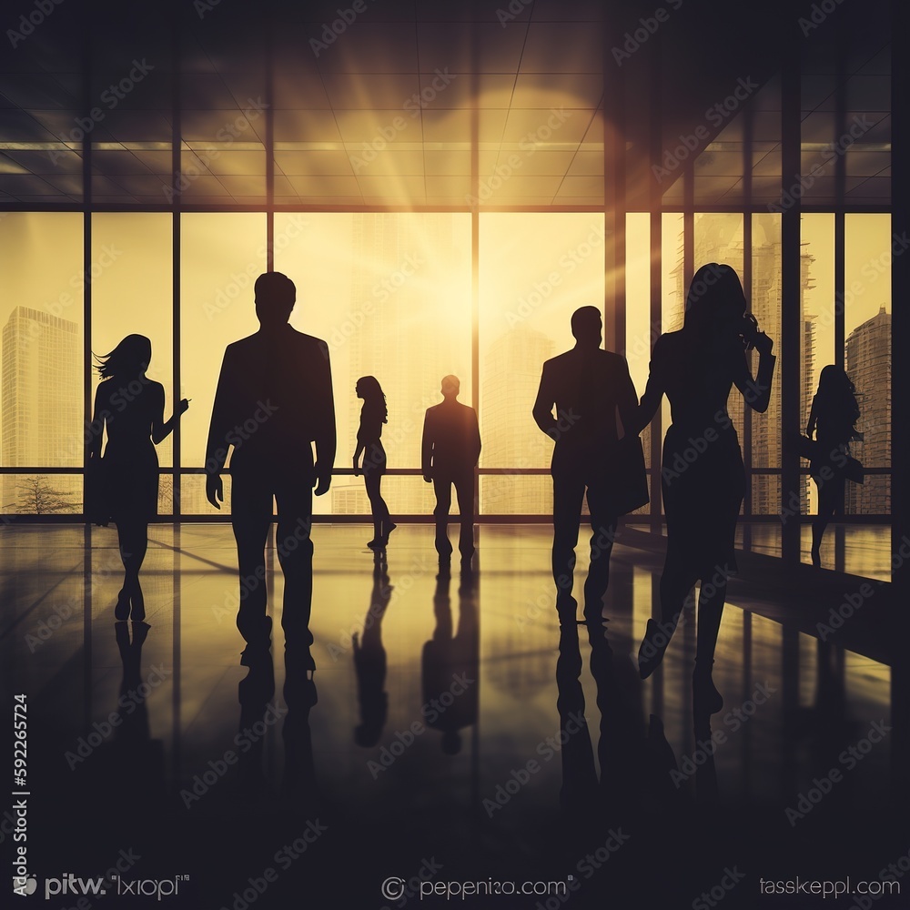 Blurred silhouettes of people in a coworking space or office space. generative ai Blurred silhouettes of people in a coworking space or office space. generative ai