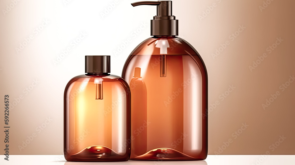 A pump amber glass bottle on a beige background is pictured - generative ai A pump amber glass bottle on a beige background is pictured - generative ai