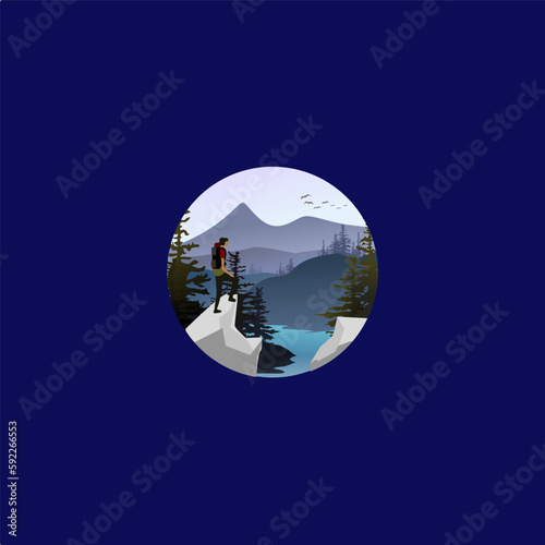 Man with backpack, traveller or explorer standing on top of mountain or cliff and looking on valley. Concept of discovery, exploration, hiking, adventure tourism and travel. Flat vector illustration.
