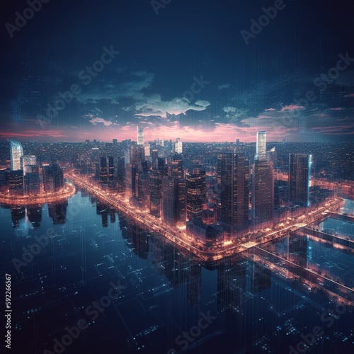 city skyline at night, smart city and abstract line and dot connect with gradient line design, big data connection technology. generative ai
