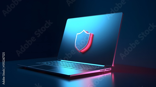 Laptop mit einem 3D Schild auf dem 
Ddisplay, Cyber security, Data protection, Concept illustration photo