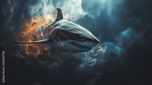 Great white shark swimming underwater with fire and smoke in the background. Generative AI