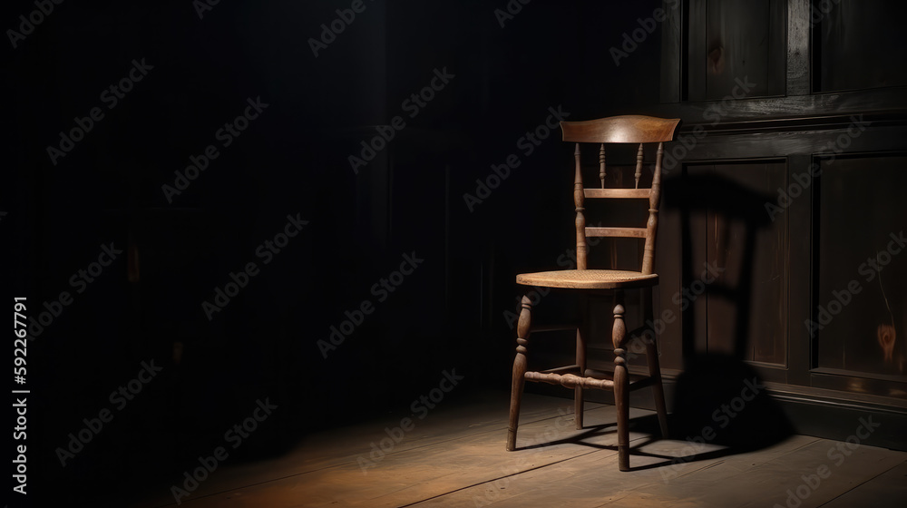 Single wooden chair in an empty room with dark light. Generative AI.