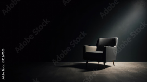 Modern clean black armchair standing in a clean empty room. Generative AI.