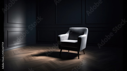 Armchair in the middle of a room in the spotlight from the light falling in from a window. Generative AI.