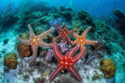 Micro Nature and Landscape Starfish  vibrant colors  multiple arms  radial symmetry  tube feet  textured surface  underwater habitat  coral reef  swaying seaweed  diverse marine life 3 - AI Generative