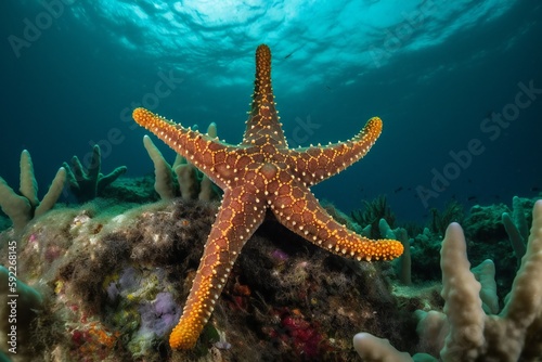 Micro Nature and Landscape Starfish, vibrant colors, multiple arms, radial symmetry, tube feet, textured surface, underwater habitat, coral reef, swaying seaweed, diverse marine life 1 - AI Generative © mfathur19