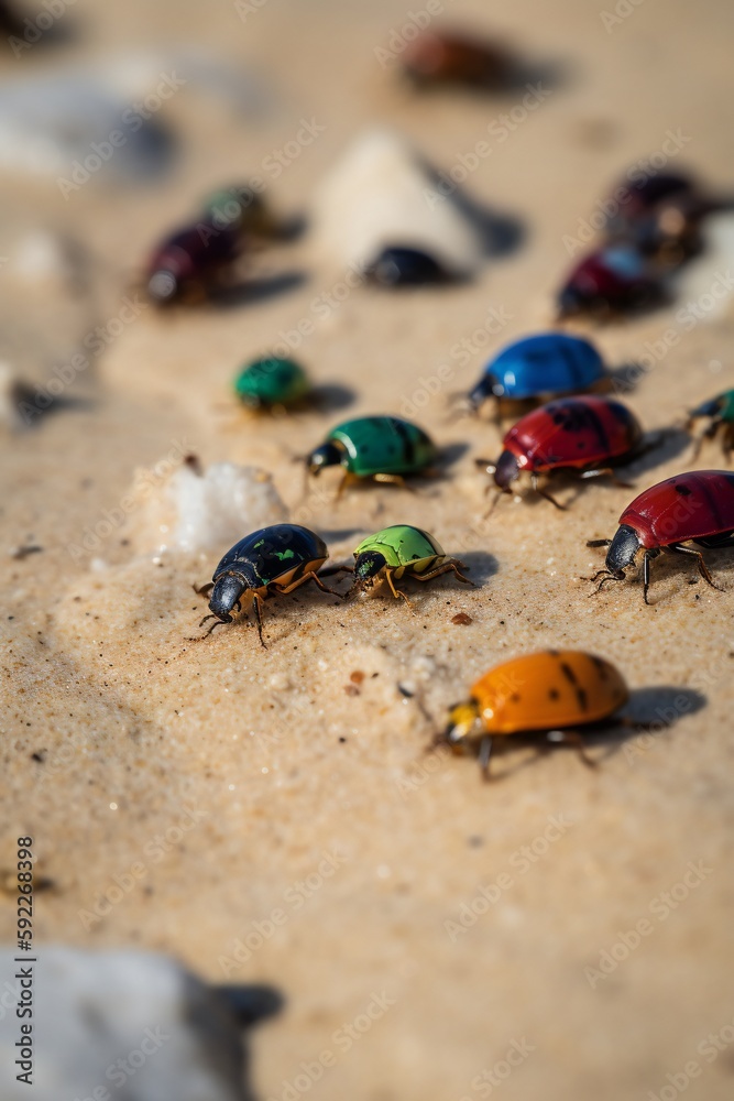 Micronature Landscape Beach insects, colorful beetles, small crabs, tiny flies, quick movements, sandy environment, seashells, seaweed, grains of sand, tide line, summer day 3 - AI Generative