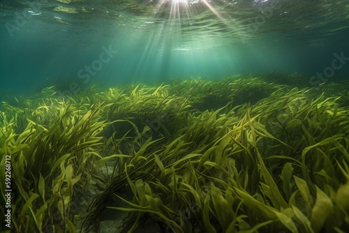 Micro Nature and Landscape Eelgrass, long slender leaves, green hues, submerged underwater, swaying motion, shallow coastal waters, sandy seabed, dappled sunlight 2 - AI Generative