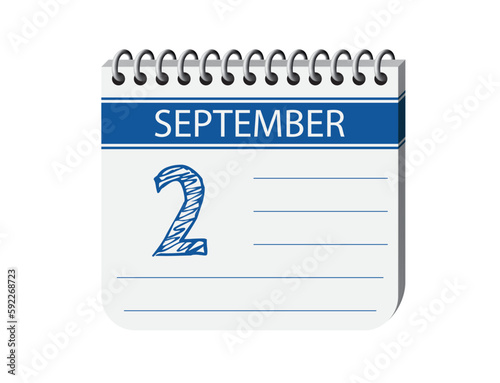 2 september calendar page vector. 3d one day calendar date appointment, deadline, event reminder illustration. Abstract three dimensional daily date appointment, agenda, event calendar. 