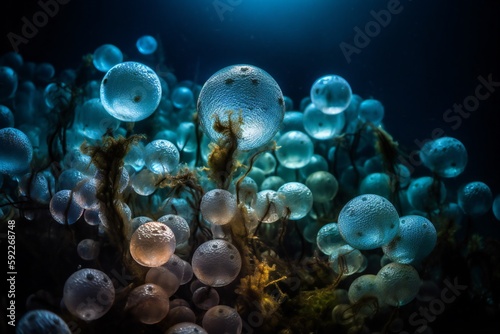 Micro Nature and Landscape Fish eggs, translucent spheres, gelatinous texture, iridescent sheen, various colors, clustered together, underwater environment 3 - AI Generative © mfathur19