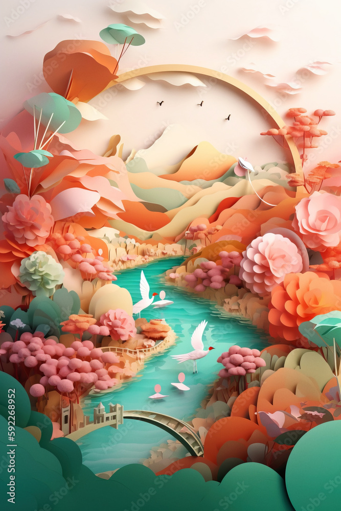 Multi-dimensional paper origami illustration of asian landscape with cute houses and river. Digitally generated AI image