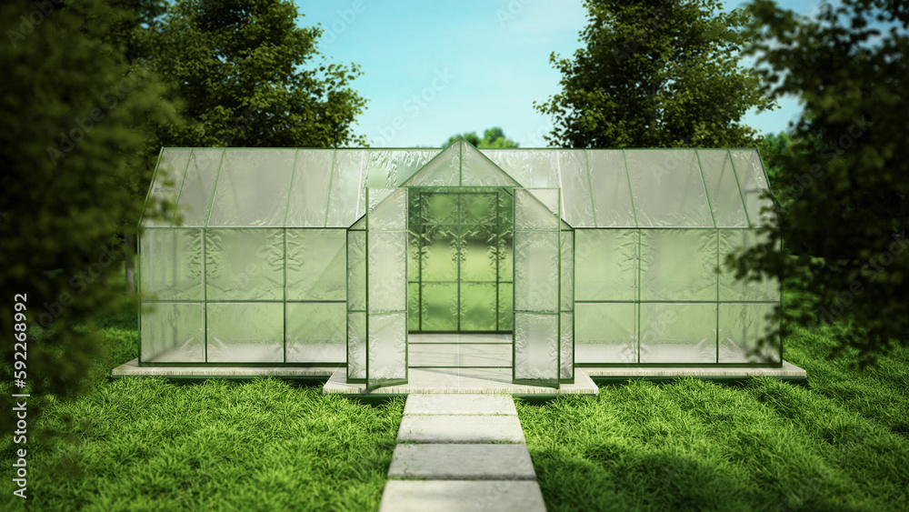 Greenhouse on the garden with green grass and trees. 3D illustration Greenhouse on the garden with green grass and trees. 3D illustration