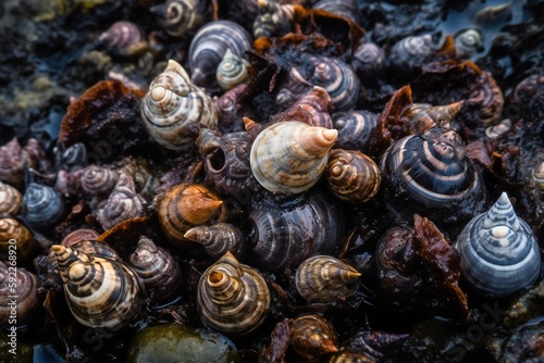 Micro Nature and Landscape Marine snails, spiral shells, various sizes, diverse patterns, smooth texture, rocky shoreline, shallow tidal pools, seaweed-covered rocks 4 - AI Generative