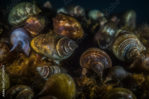 Micro Nature and Landscape Marine snails, spiral shells, various sizes, diverse patterns, smooth texture, rocky shoreline, shallow tidal pools, seaweed-covered rocks 3- AI Generative