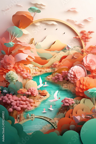Multi-dimensional paper origami illustration of asian landscape with cute houses and river. Digitally generated AI image