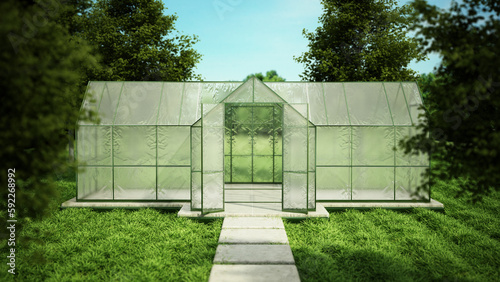 Greenhouse on the garden with green grass and trees. 3D illustration © Destina