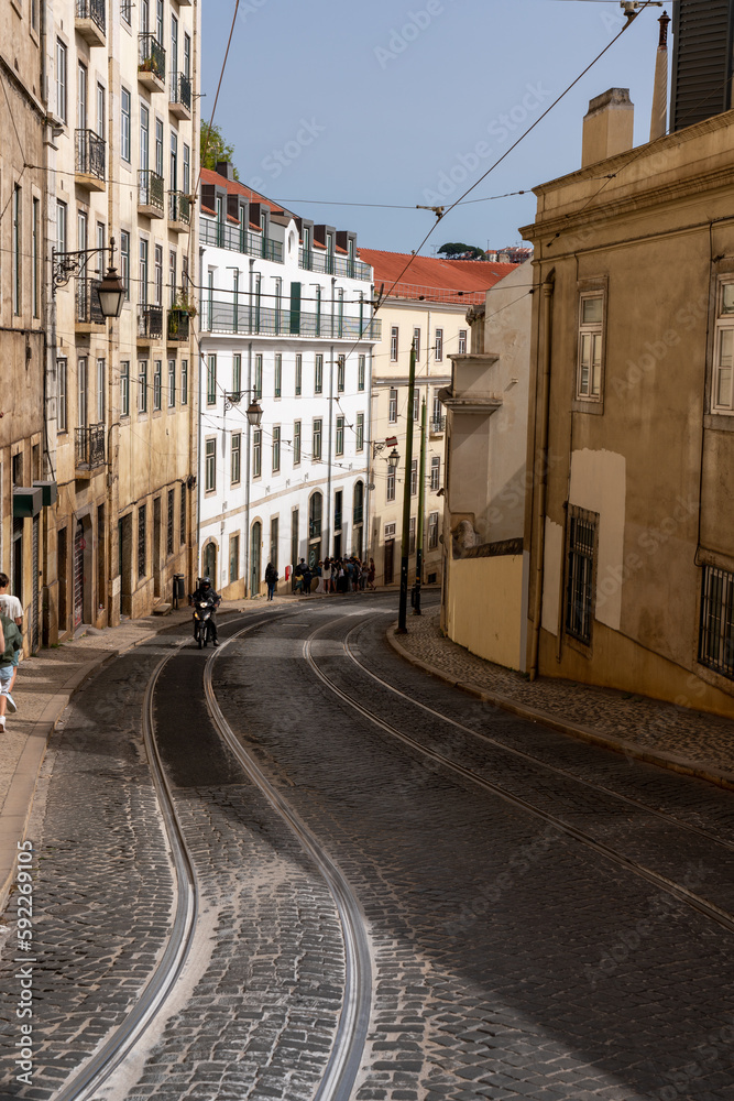 Portugal Street with buildings and tramway rails