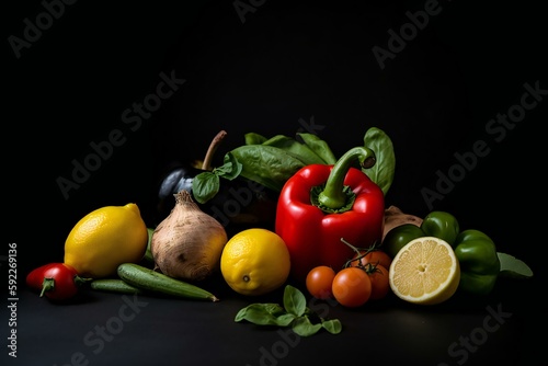 Healthy food on the black background with copy space. Fruit, vegetable, seeds, superfood, leaf vegetable. Healthy eating concept. Generative AI