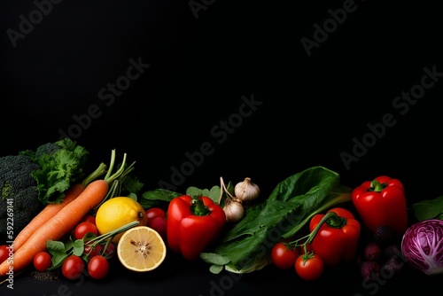 Healthy food on the black background with copy space. Fruit  vegetable  seeds  superfood  leaf vegetable. Healthy eating concept. Generative AI