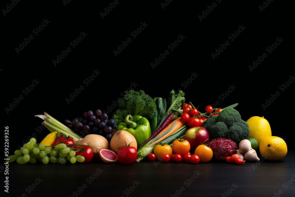 Healthy food on the black background with copy space. Fruit, vegetable, seeds, superfood, leaf vegetable. Healthy eating concept. Generative AI