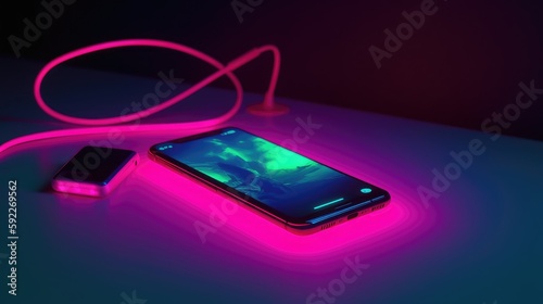 Futuristic neon phone on dark background