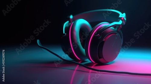 Futuristic neon headphones on dark background