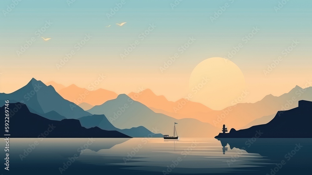 Landscape with mountain and sea in minimal cartoon style