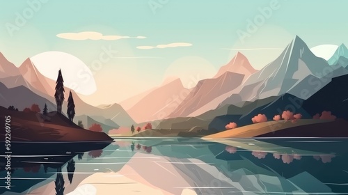 Landscape with mountain and sea in minimal cartoon style