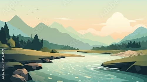 Landscape with mountain and sea in minimal cartoon style