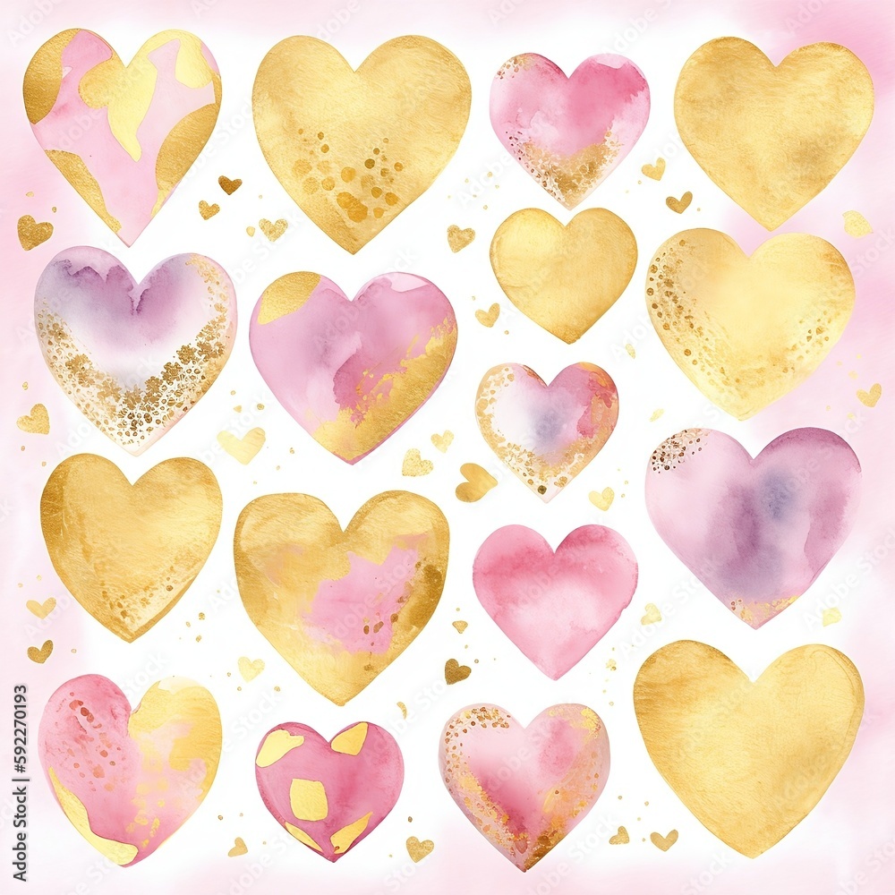 Gold Glitter heart shaped clipart, Watercolor invitation Card design 