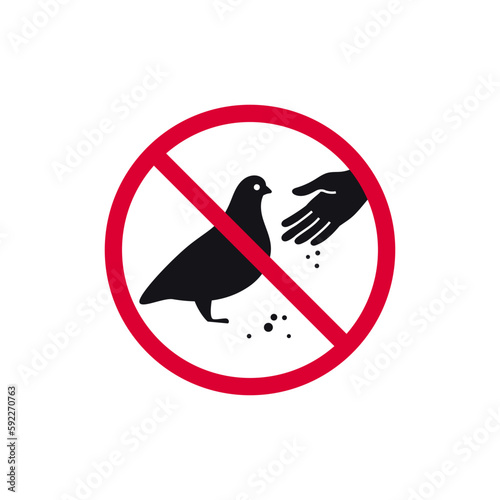 Do not feed birds prohibited sign, don't feed the pigeons forbidden modern round sticker, vector illustration.