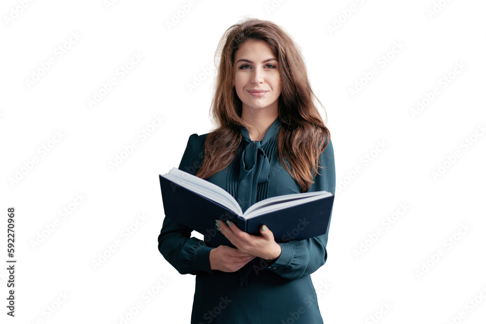 A young female teacher holds a textbook book, transparent background. A young female teacher holds a textbook book, transparent background.