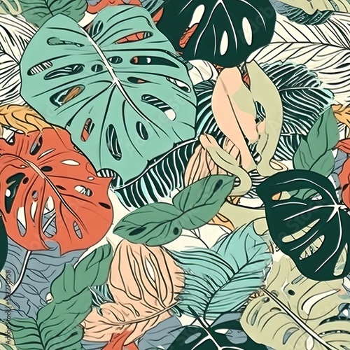 Modèle sans couture d'une œuvre d'art tropicale, avec des éléments multicolores dessinés à la main et un arrière-plan amusant. Motif Monstera parfait pour la mode et la décoration