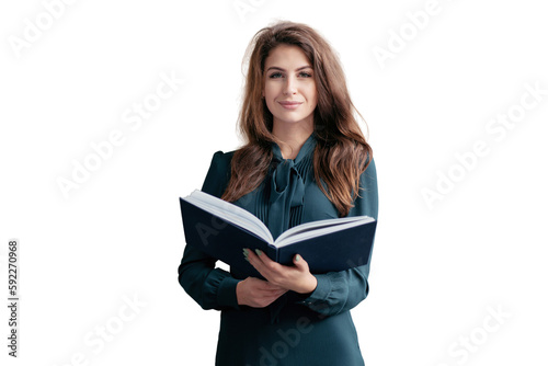 A young female teacher holds a textbook book, transparent background.