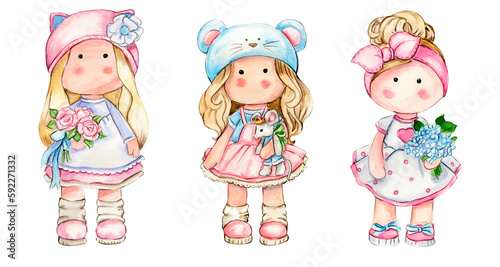 Watercolor hand drawn cute doll Tilda in dress set. Hand drawn illustration isolated on white. Designf for baby shower party, birthday, cake, holiday celebration design, greetings card,invitation.